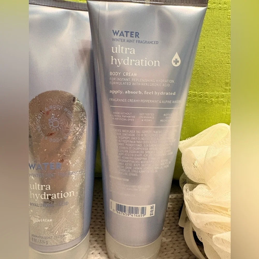 NWT Bath and Body Works Winter Mint Ultra Hydration Body Cream and Loofah Sponge